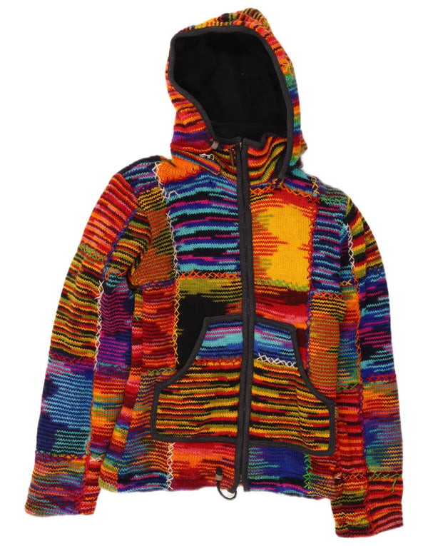 VINTAGE Pulover cardigan cu glugă pentru femei UK 12 Medium, multicolore, cu dungi