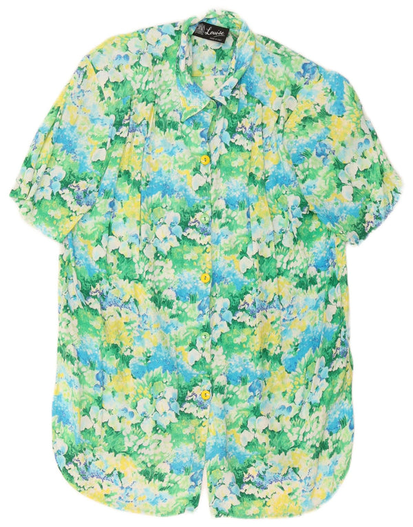 Cămașă vintage cu mânecă scurtă pentru femei UK 14 mare, verde, florală, viscoză