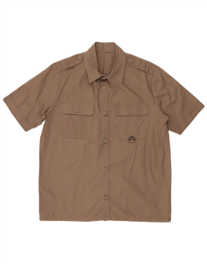 VINTAGE Mens Military Short Sleeve Shirt Medium Brown Cotton