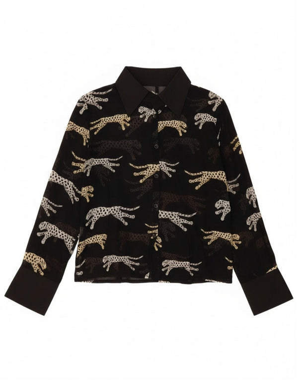 Bluză pentru femei vintage cămașă UK 14 mare, neagră, viscoză cu imprimeu animal