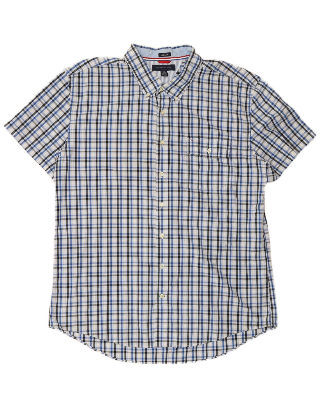 Cămașă TOMMY HILFIGER pentru bărbați cu mânecă scurtă, slim fit, 2XL, bumbac cu carouri albastre