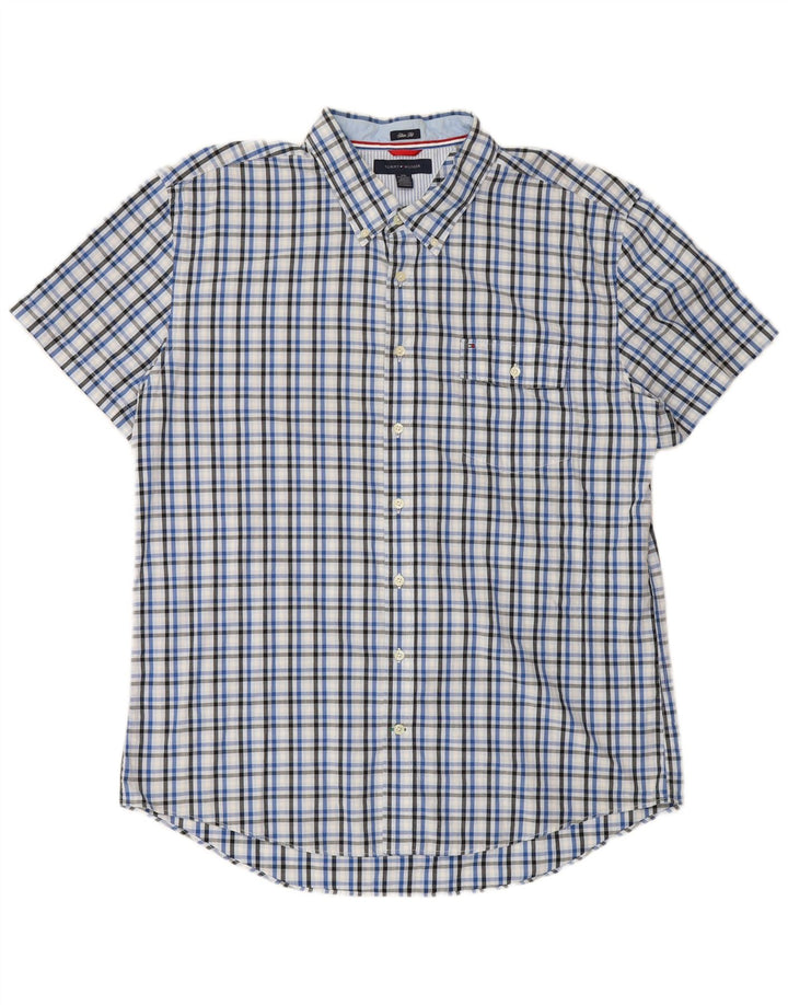 Cămașă TOMMY HILFIGER pentru bărbați cu mânecă scurtă, slim fit, 2XL, bumbac cu carouri albastre