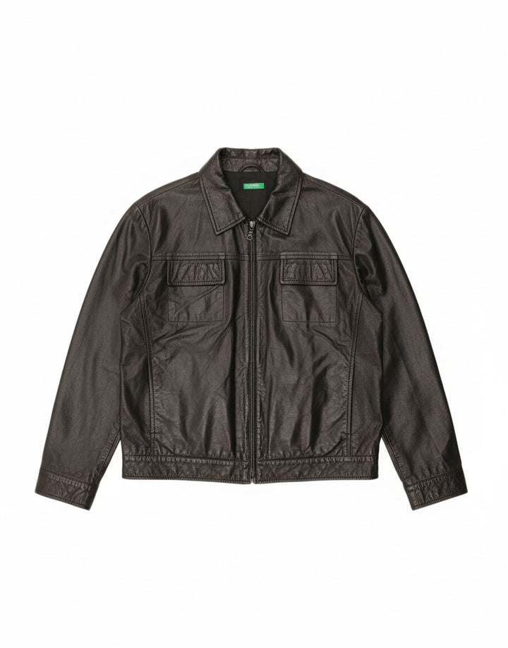 BENETTON Mens Bomber Leather Jacket UK 40 Large Black Leather