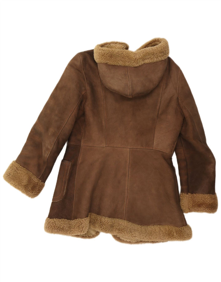 Jachetă din shearling cu glugă vintage pentru femei UK 10 din piele maro mică