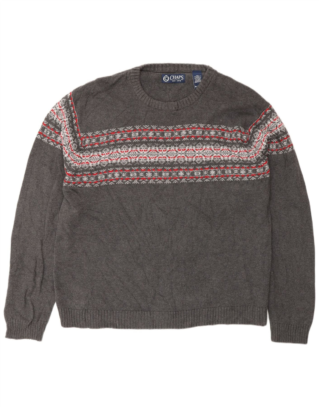 CHAPS Mens Crew Neck Jumper Sweater XL Grey Fair Isle Cotton