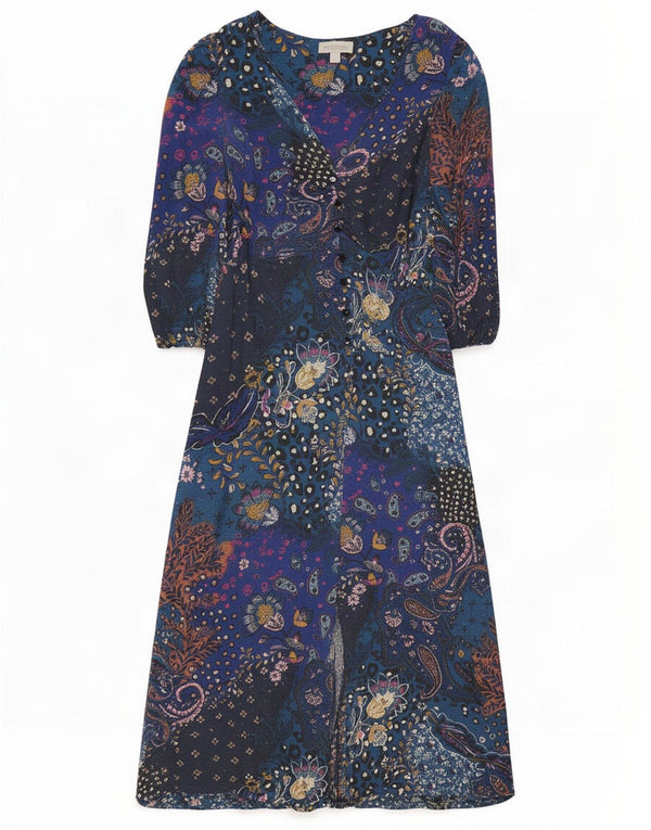 Rochie Maxi pentru femei Monsoon cu mâneci 3/4 UK 10 Bumbac Paisley albastru mic