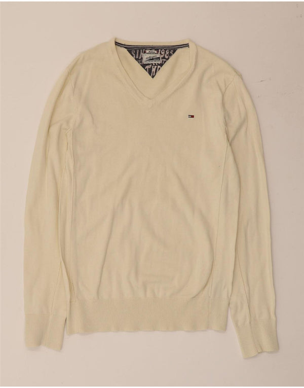 Tommy Hilfiger Mens V-Neck Jumper Sweater Medium Beige Cotton