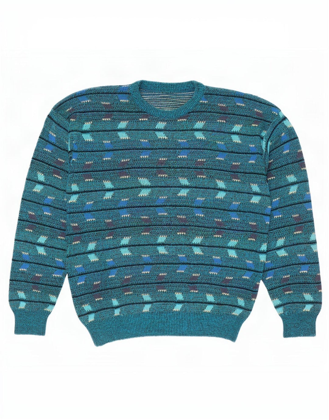 Pulover vintage pentru bărbați cu decolteu triplu, albastru mediu geometric