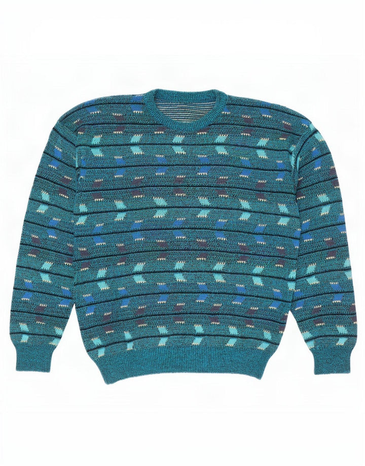 Pulover vintage pentru bărbați cu decolteu triplu, albastru mediu geometric