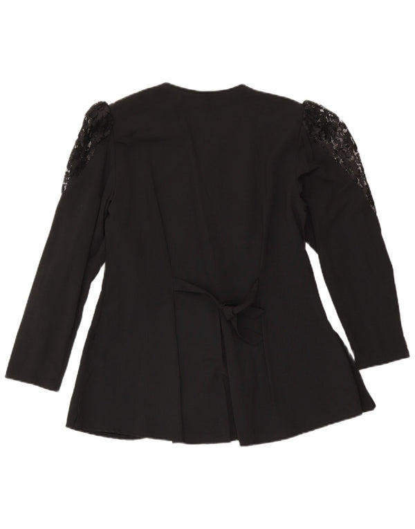 Bluză vintage cu mânecă lungă pentru femei UK 14 Medium Black Floral Designer