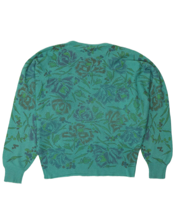 Pulover de damă vintage supradimensionat cu decolteu triplu UK 14, verde mediu, floral
