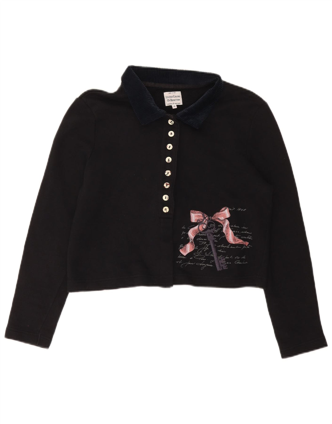 BENETTON Tricou polo oversized cu grafic crop pentru femei UK 10 Small Black