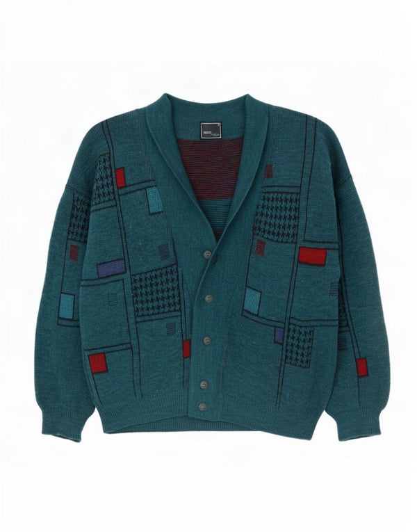 Pulover Cardigan Vintage pentru bărbați XL Lână geometrică verde