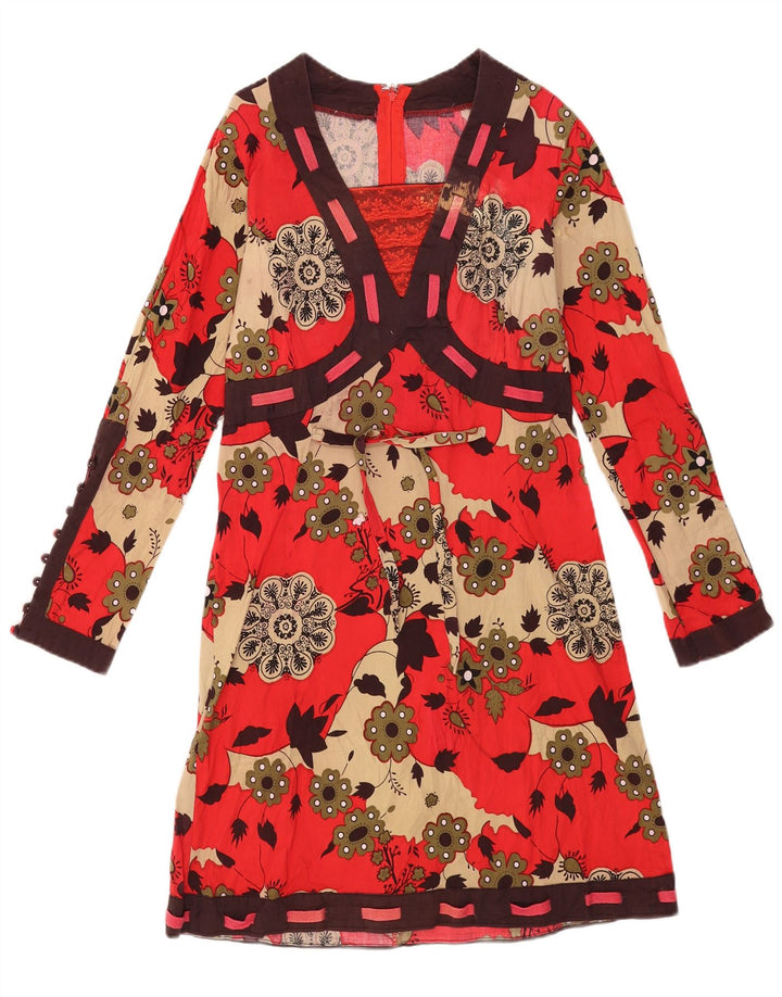 Rochie de bază cu mânecă lungă pentru femei vintage UK 12, bumbac floral, roșu mediu