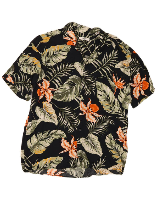 Cămașă Jack & Jones pentru bărbați cu mânecă scurtă, mare, neagră, florală, din viscoză hawaiană