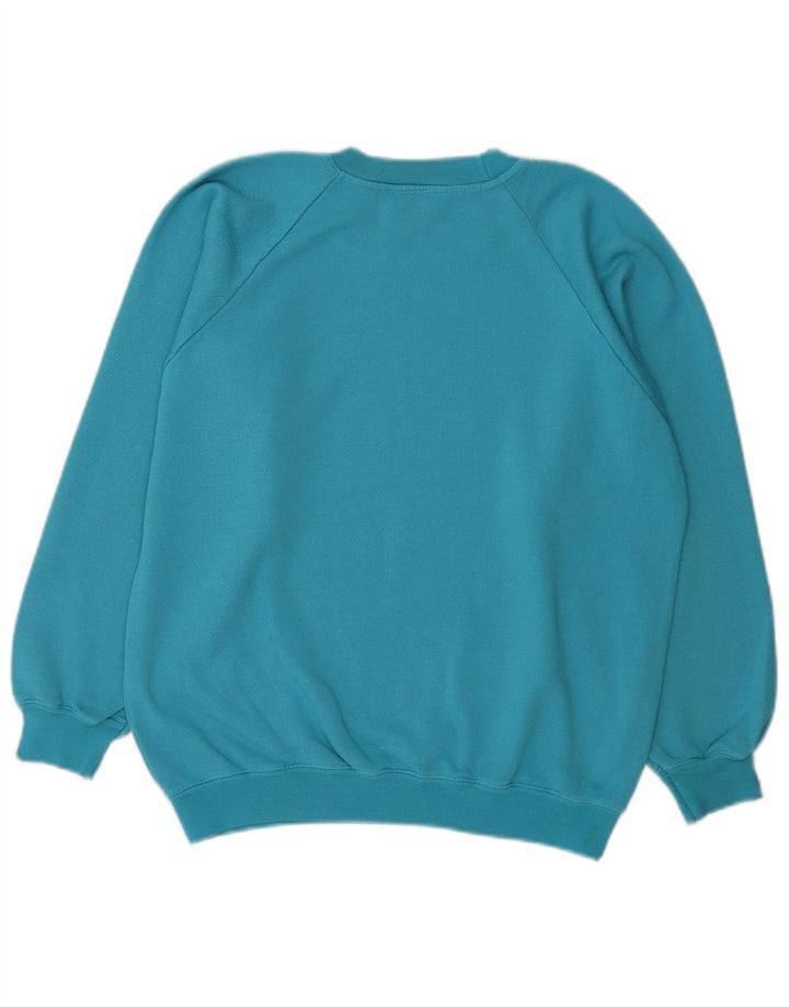 Pulover cu grafic pentru femei vintage UK 14 Bumbac albastru mediu
