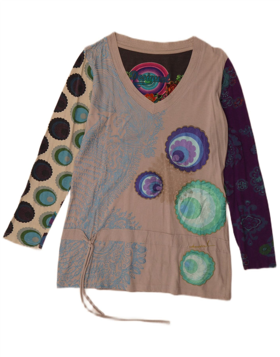 Desigual Womens Abstract Pattern Tunic Top UK 18 XL Bej Bumbac