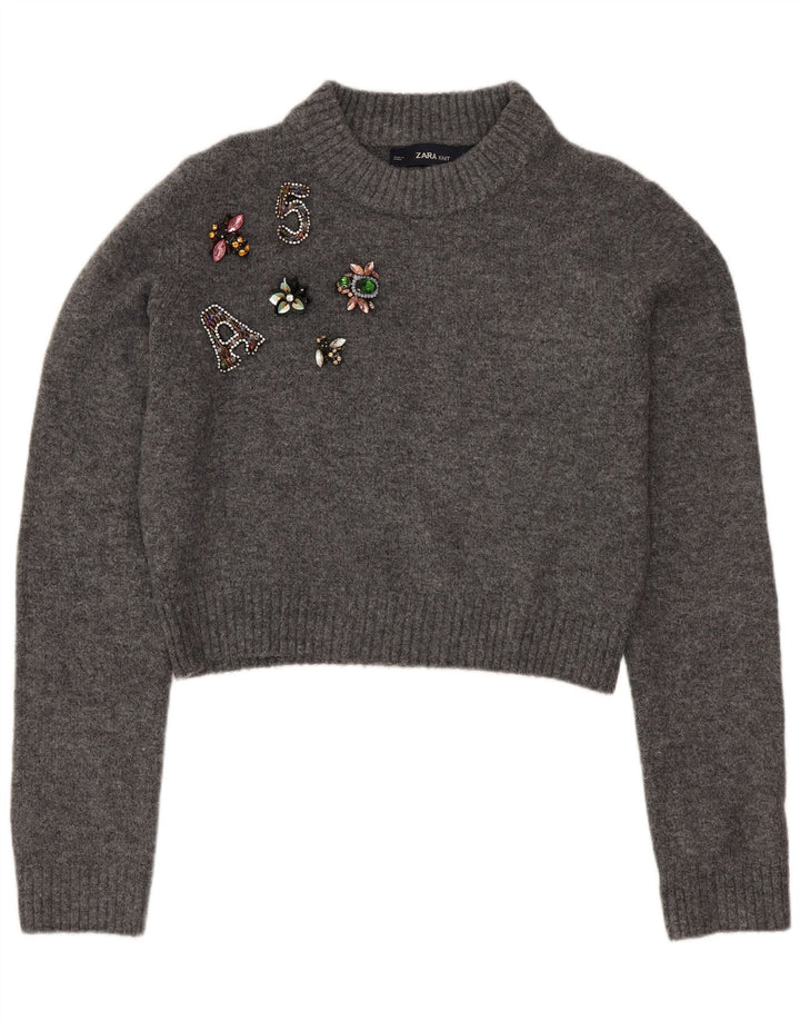 Pulover supradimensionat pentru femei Zara cu decolteu rotund cu grafică UK 10 Mic Gri