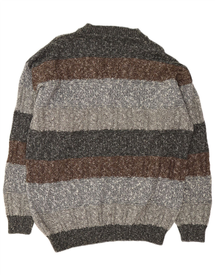 Pulover vintage pentru bărbați cu decolteu în V, XL, lână cu dungi gri