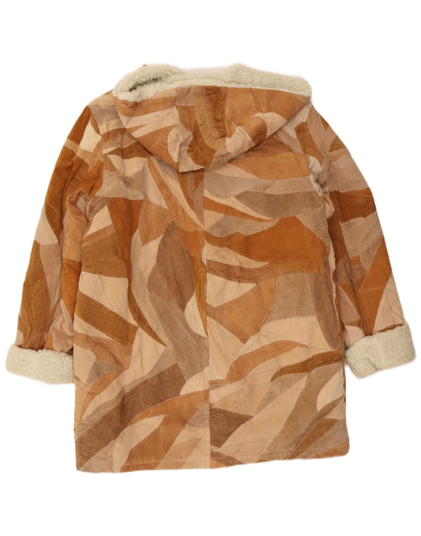 Pardesiu sherpa cu glugă vintage pentru femei UK 18 XL piele maro mozaică