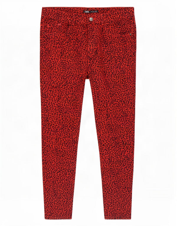 Blugi Skinny Crop pentru Damă Zara EU 40 Medium L30 L26 Bumbac Roșu Animal Print