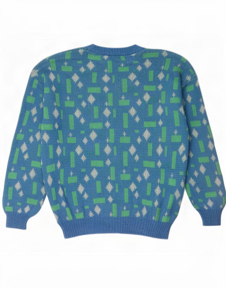 Pulover vintage pentru bărbați cu gâtul turnat, mare, albastru, geometric