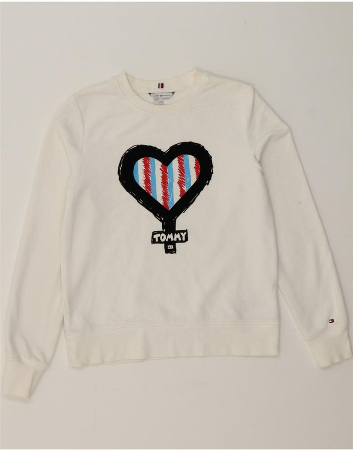 TOMMY HILFIGER Womens Oversized Graphic Sweatshirt Jumper UK 2 2XS White Vintage Tommy Hilfiger and Second-Hand Tommy Hilfiger from Messina Hembry 
