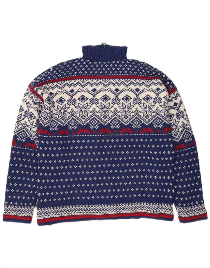 Pulover OCK pentru bărbați, cu fermoar și gât, XL, lână Fair Isle, albastru bleumarin
