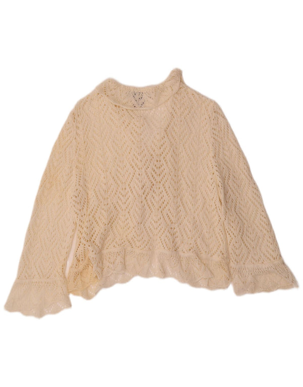 VINTAGE Pulover cardigan croșetat cu mâneci 3/4 pentru femei UK 18 XL alb catifelat