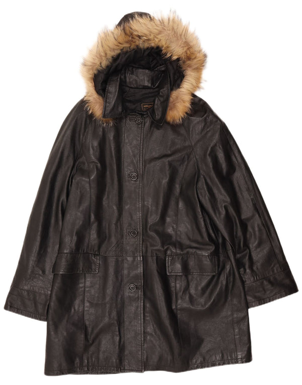 Palton de piele VINTAGE pentru femei cu glugă IT 52 2XL din piele neagră