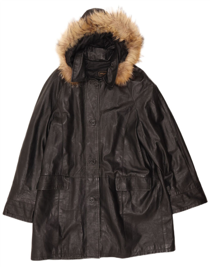 Palton de piele VINTAGE pentru femei cu glugă IT 52 2XL din piele neagră