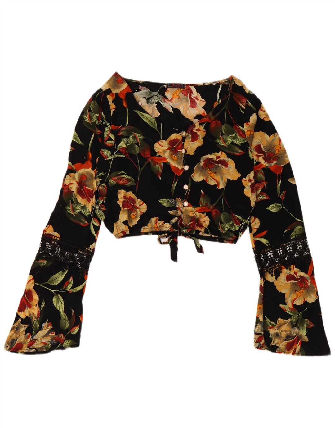 Bluză pentru femei VINTAGE Cămașă Crop UK 12 Medium Black Floral Viscose