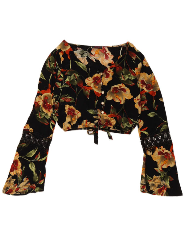 Bluză pentru femei VINTAGE Cămașă Crop UK 12 Medium Black Floral Viscose