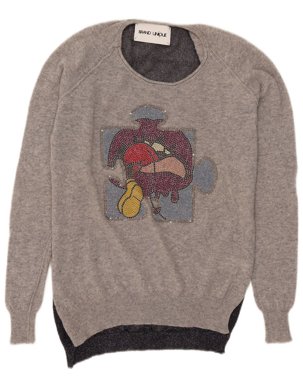 Pulover vintage pentru femei cu gât de barcă, UK 16, mare, gri Colorblock