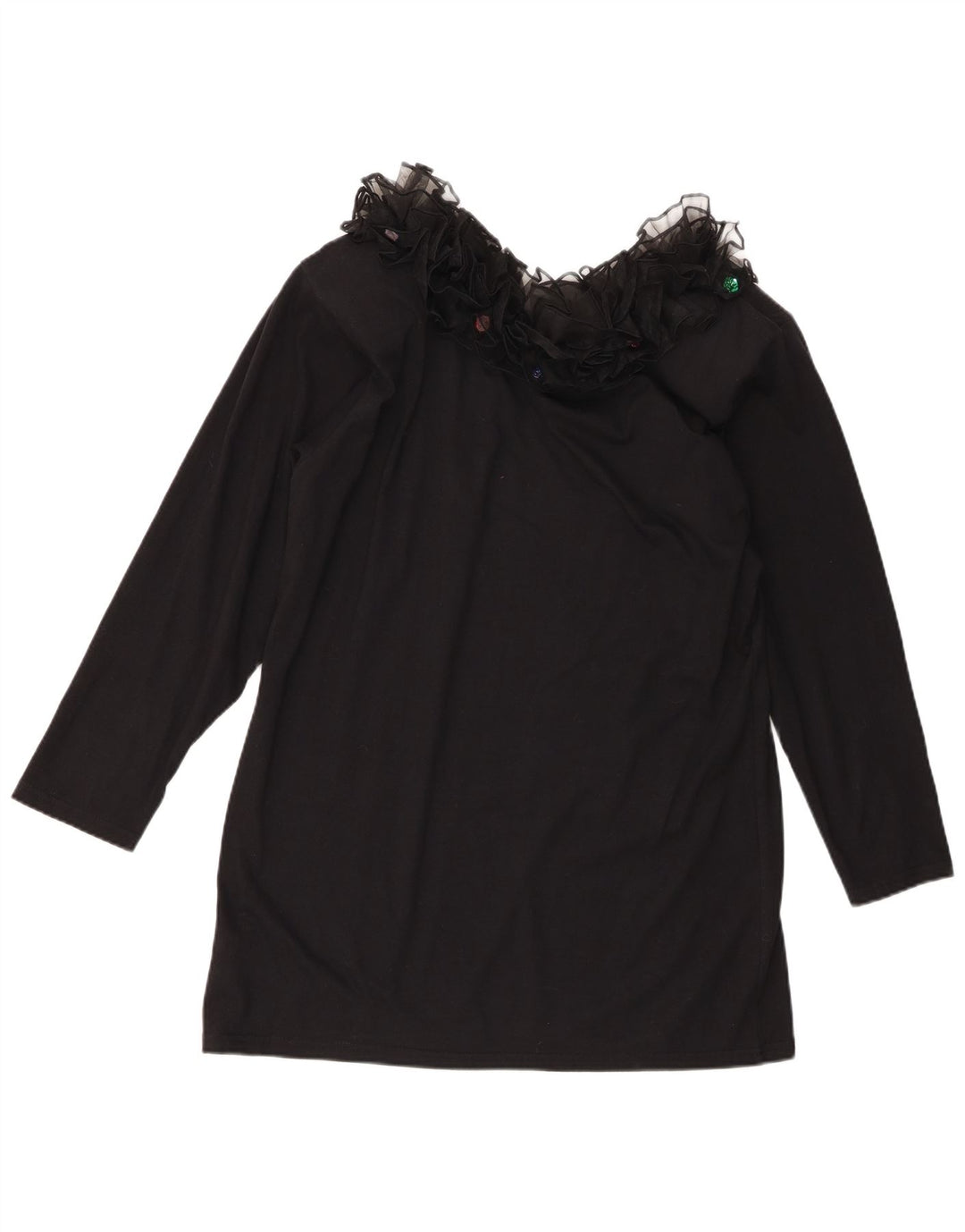 Top cu tunică cu mânecă lungă cu volan în față pentru femei vintage UK 16, bumbac negru mare