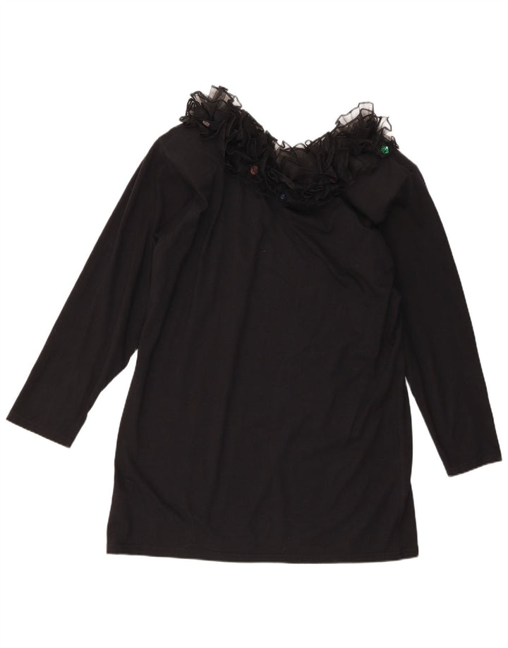 Top cu tunică cu mânecă lungă cu volan în față pentru femei vintage UK 16, bumbac negru mare