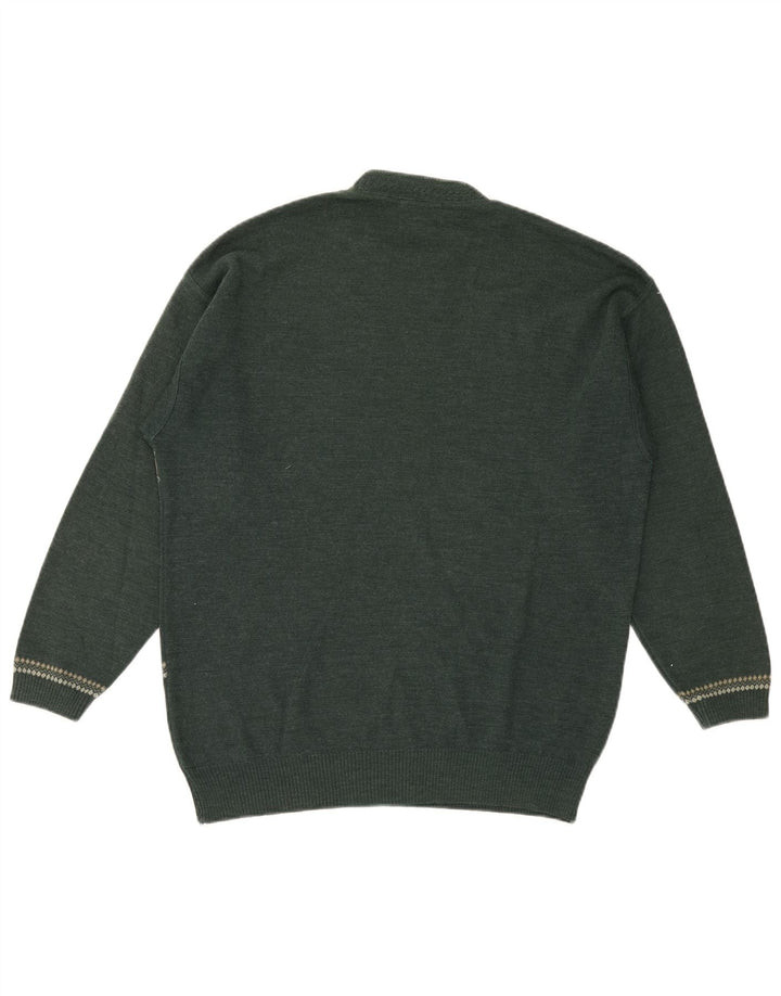 Pulover vintage pentru bărbați cu decolteu rotund din lână geometrică verde mediu
