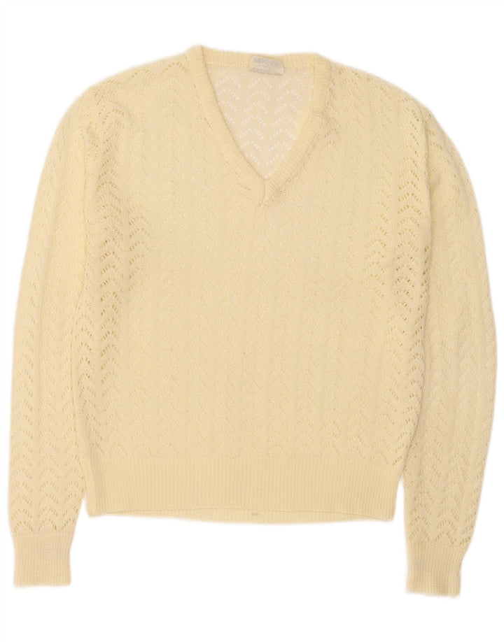 Pulover vintage pentru femei cu decolteu în V IT 46 mare poliacrilic galben