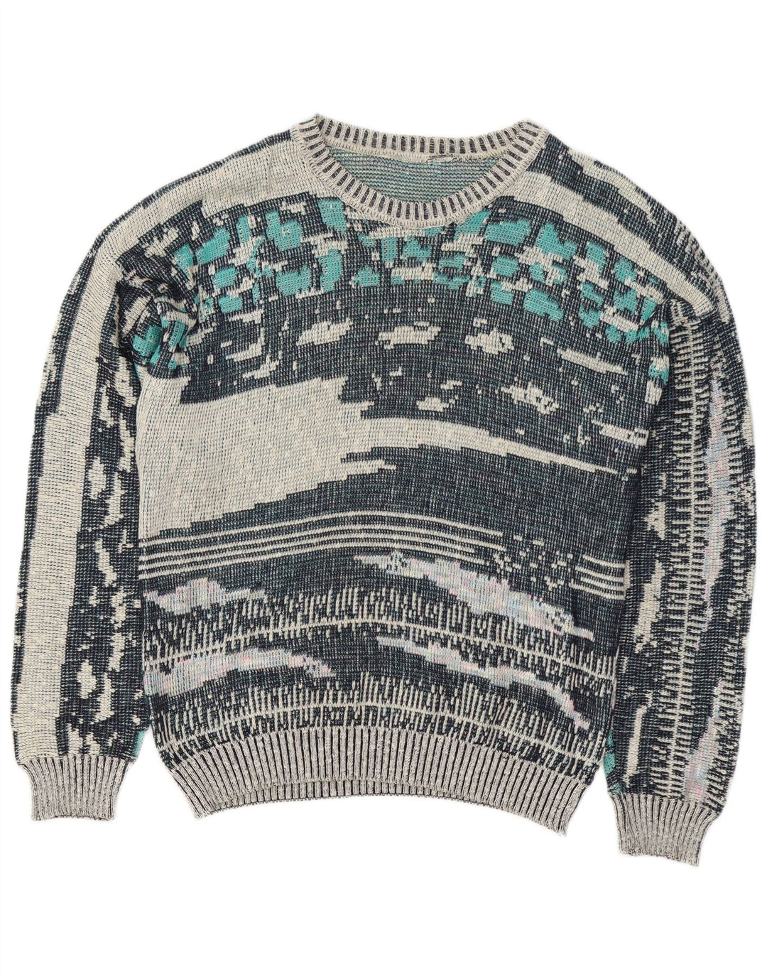 Pulover vintage pentru bărbați, cu model abstract, cu decolteu, albastru mediu