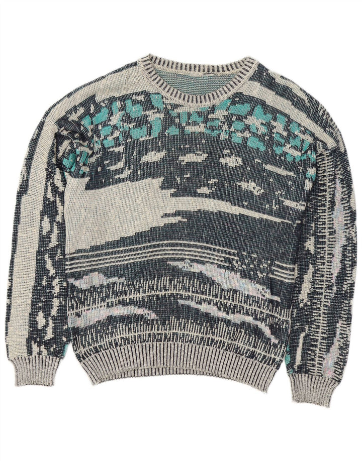 Pulover vintage pentru bărbați, cu model abstract, cu decolteu, albastru mediu