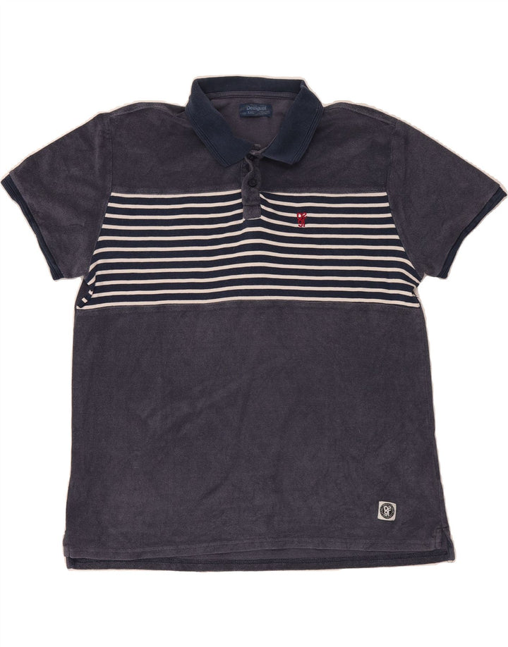 DESIGUAL Mens Polo Shirt 2XL Navy Blue Striped Vintage Desigual and Second-Hand Desigual from Messina Hembry 