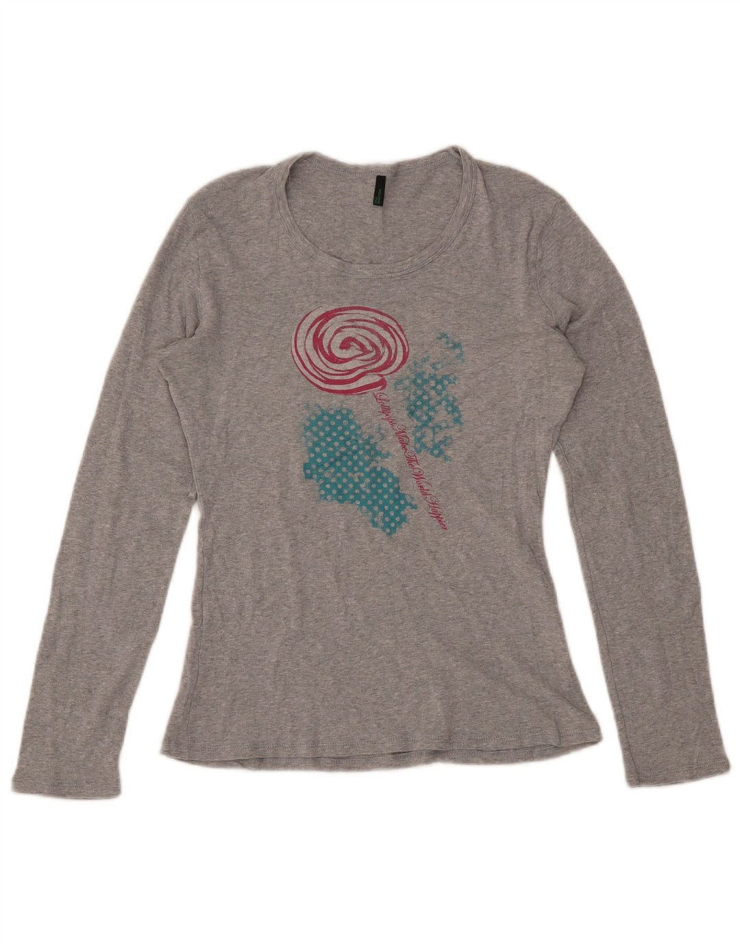 BENETTON Top grafic pentru femei cu mânecă lungă UK 16 mare bumbac cu pete gri