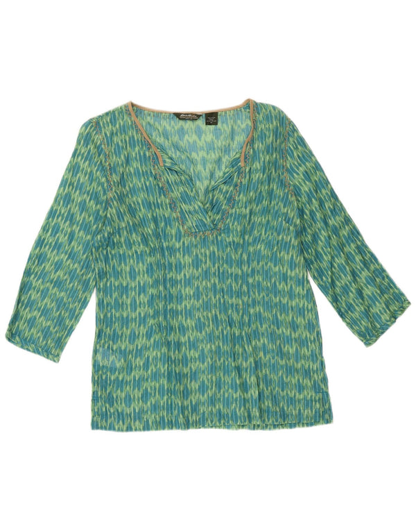 Eddie Bauer Top cu tunică cu mâneci 3/4 pentru femei UK 6 XS Verde Ikat Bumbac