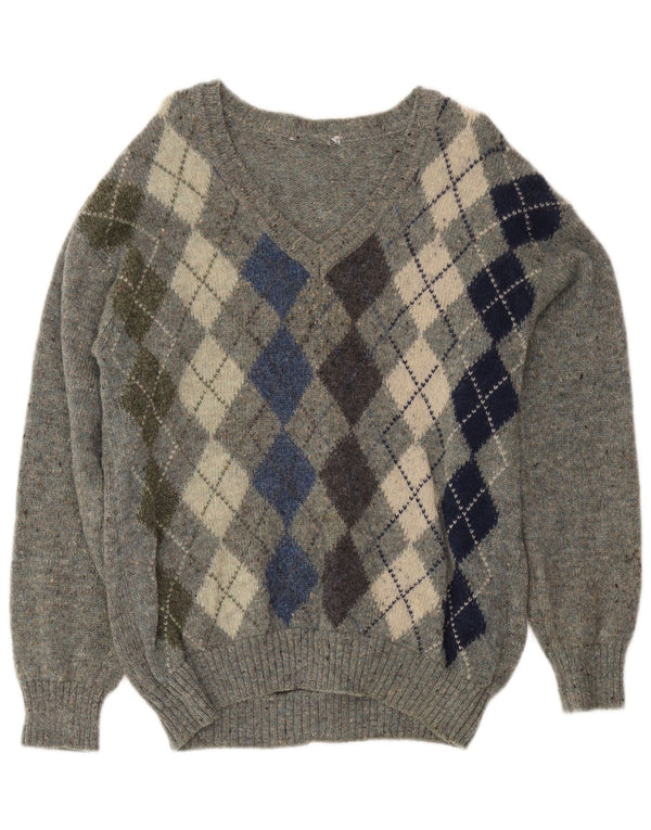 Pulover vintage pentru bărbați cu decolteu în V, lână virgină, gri mediu, argyle/diamond