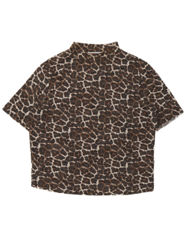 Top Bluză Trafaluc Crop pentru Damă Zara UK 14 Mare Bej Viscoză Animal Print