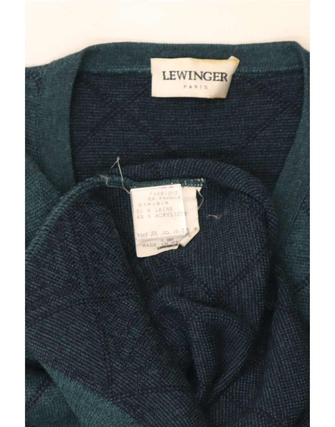 Pulover pentru bărbați Lewinger cu decolteu în V, lână geometrică verde mediu