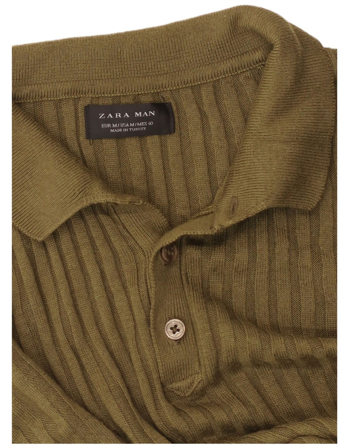 ZARA Mens Short Sleeve Polo Neck Jumper Sweater Medium Khaki