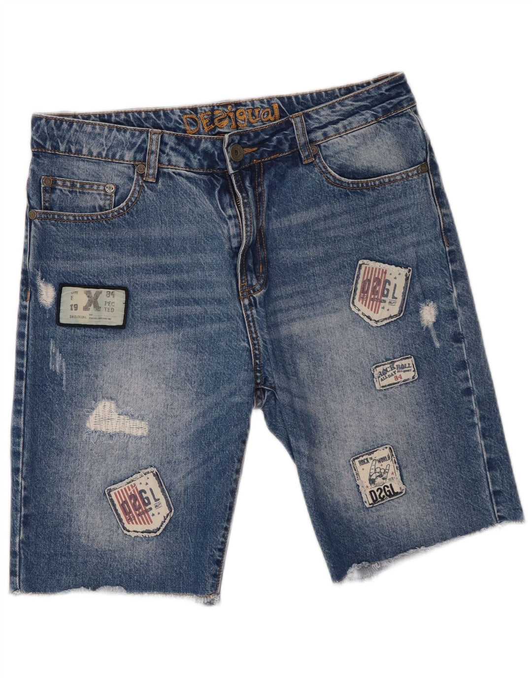 Pantaloni scurți Desigual pentru bărbați din denim învechit W30, bumbac patchwork albastru mediu