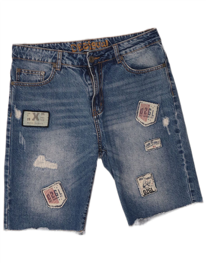 Pantaloni scurți Desigual pentru bărbați din denim învechit W30, bumbac patchwork albastru mediu