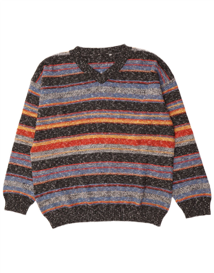Pulover vintage pentru bărbați cu decolteu în V, mare, cu dungi acrilice, multicolore